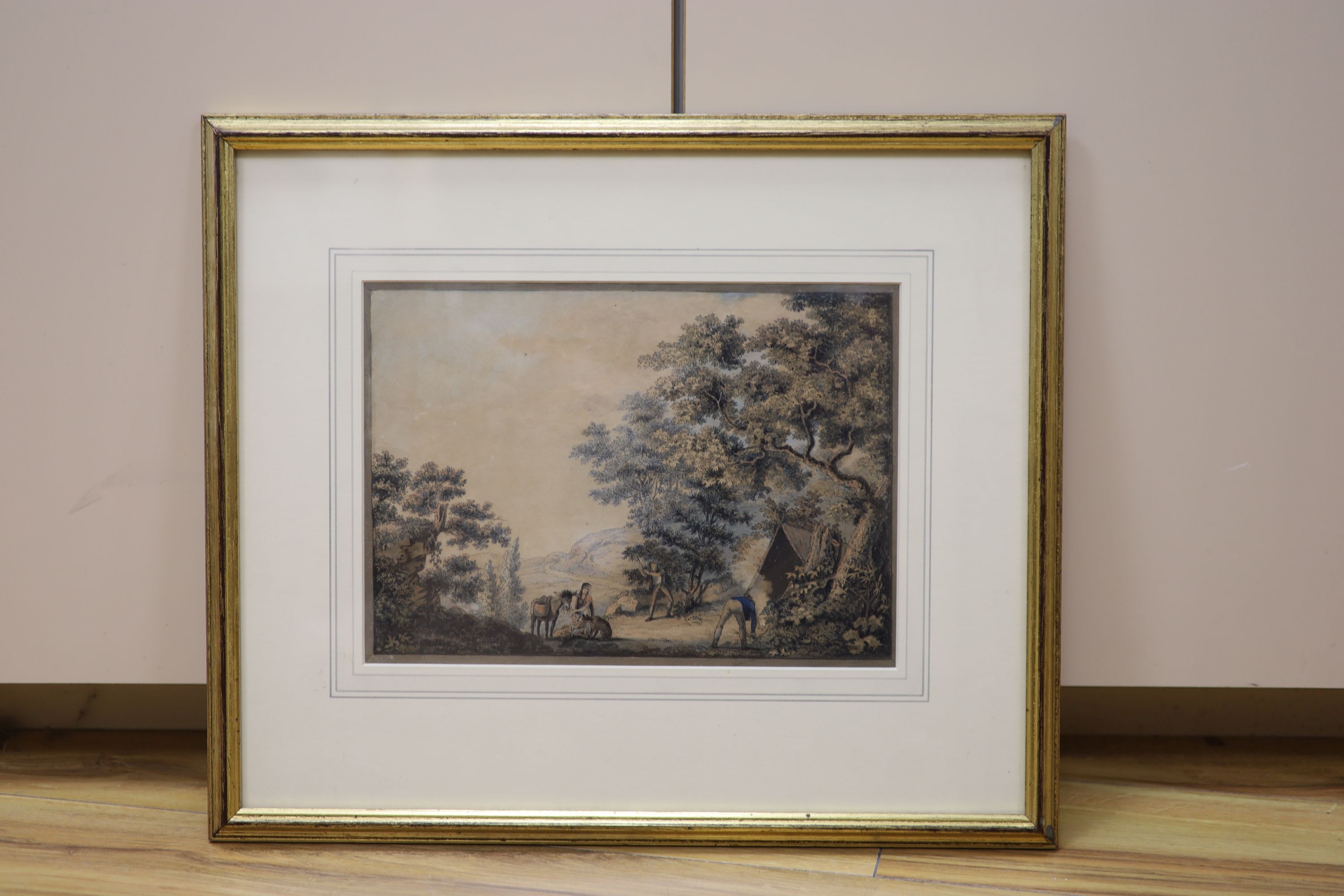 Samuel Hieronymus Grimm (1733-1794), pen, ink and watercolour, 'Making Camp', Abbott & Holder label verso, 20 x 29cm